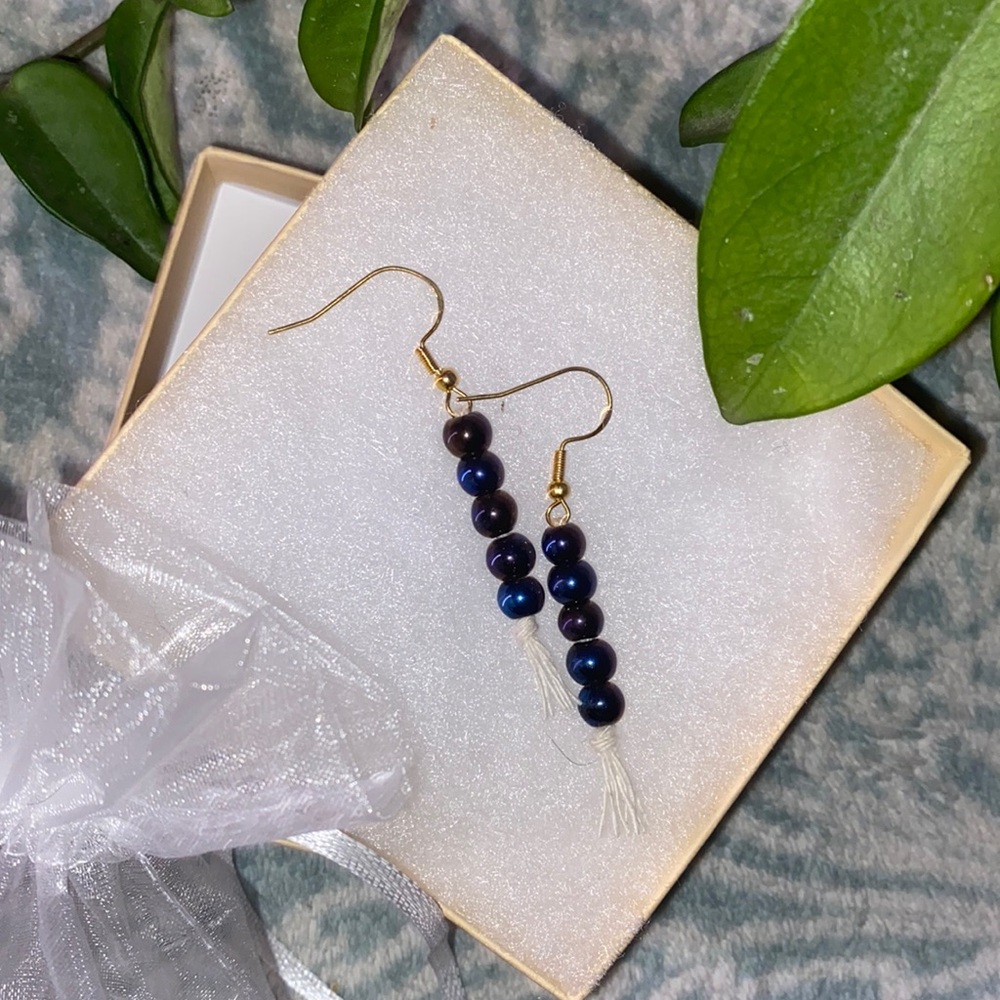 Hand Crafted Macrame Style Beaded Fringe Gold Toned Dangle Earrings Galaxy Theme